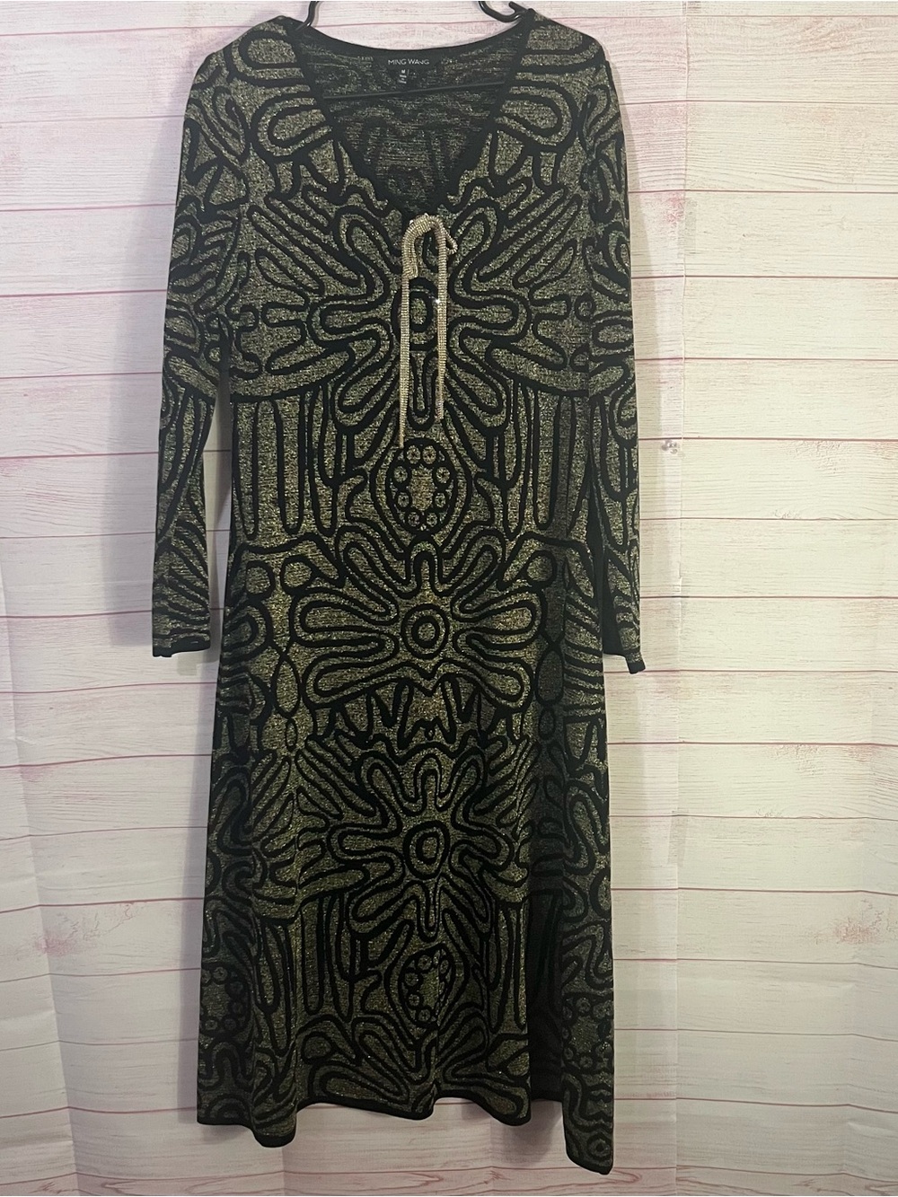Ming Wang Black Wing Metallic Swirl Knit Pullover Sweater Dress Size Medium